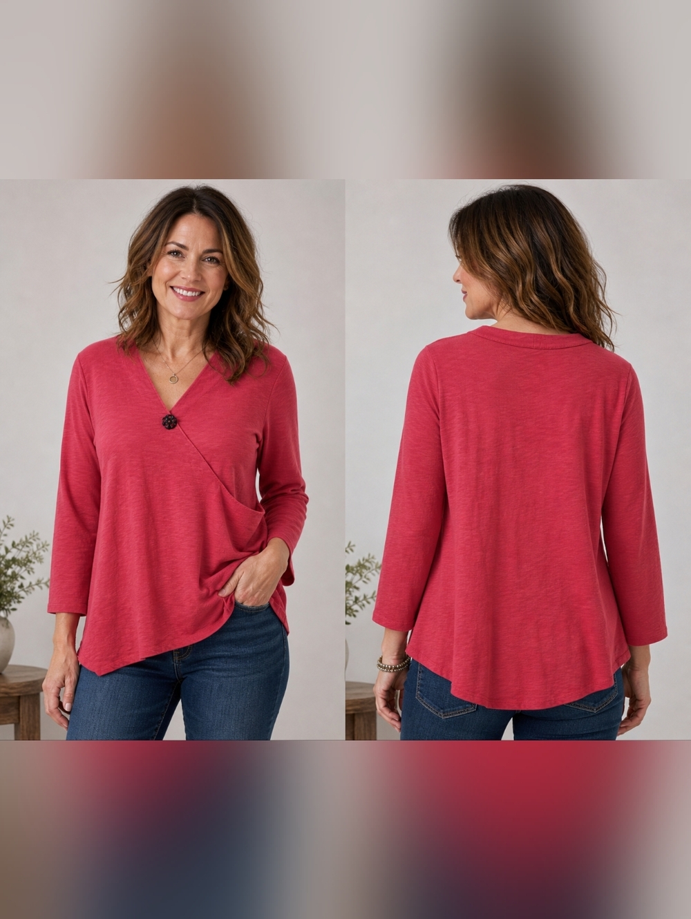 Soft Surroundings Coral Wrap Top Cotton 3/4 Sleeve Button Detail Boho Size PL